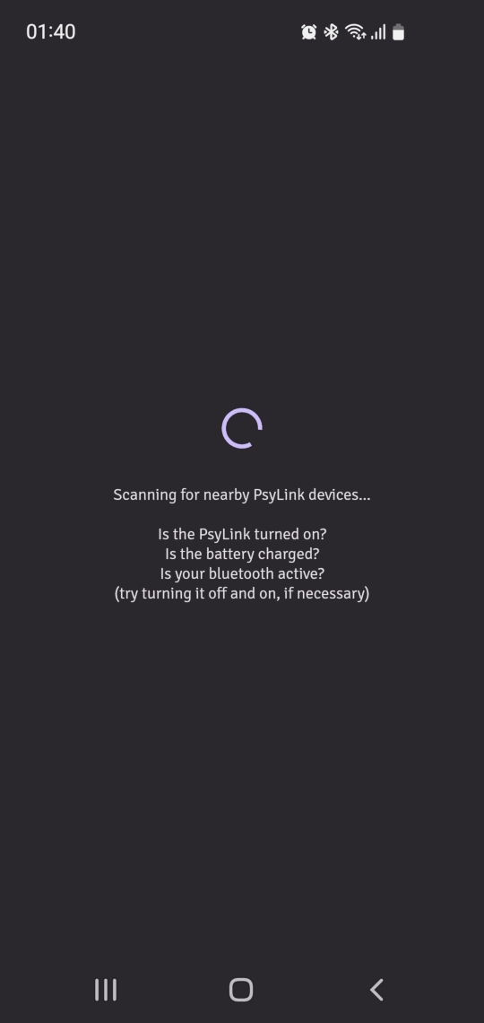 Android Screenshot of PsyLink scanning for bluetooth devices, never finding any.